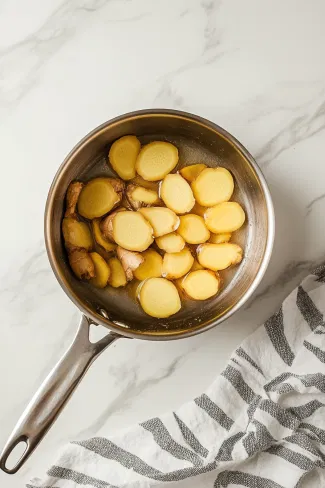 A saucepan on the white marble cooktop contains fresh ginger slices, sugar, and water being gently stirred over low heat. Steam rises as the sugar dissolves into the mixture.