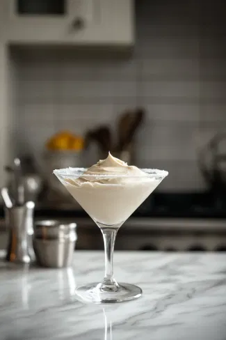 A martini glass on the white marble countertop with vanilla frosting being spread evenly around the rim, covering about 1/2 inch.