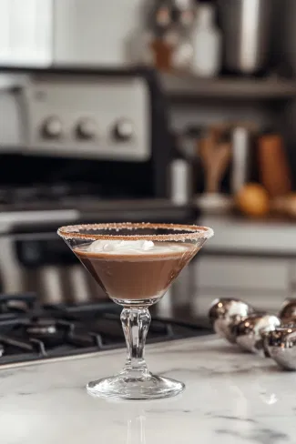 A martini glass on the white marble countertop with its rim dipped in heavy cream and coated with cinnamon sugar for a decorative finish.