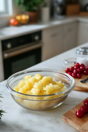 A bright kitchen scene with a glass bowl on a white marble cooktop. Crushed pineapple is being drained through a fine-mesh strainer, while maraschino cherries are finely chopped on a wooden cutting board nearby.