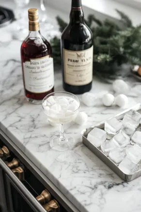 A collection of ingredients sits on the white marble cooktop, including a bottle of vanilla vodka, white crème de menthe, peppermint schnapps, and a tray of ice cubes, all arranged and ready to be mixed for a festive cocktail.