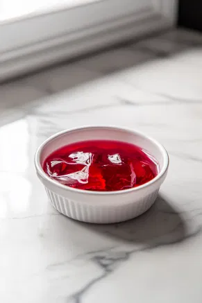 A shallow container on the white marble cooktop is filled with the jelly mixture, made according to the package but with only 300 ml of water for a firmer set. The container is placed in the fridge to chill and solidify.