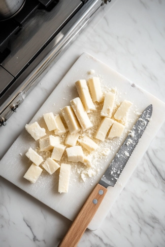 A cutting board on the white marble cooktop features mozzarella sticks sliced into 1-inch pieces. A sharp knife rests nearby, with neatly cut cheese pieces arranged in an orderly manner.