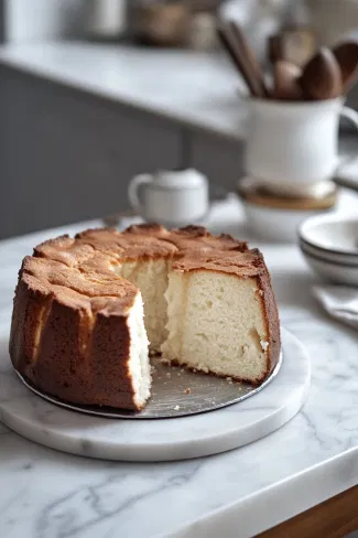 A shop-bought pandoro sits on the white marble cooktop, with a 4cm thick base sliced off and set aside. The pandoro has been hollowed out, leaving thick, sturdy walls around the edges, preparing it for a festive filling.