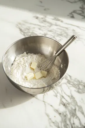 A large mixing bowl sits on the white marble cooktop, filled with flour, sugar, and salt. Cold butter or lard is diced into the mixture, and a pastry blender is cutting it in, forming pea-sized crumbs.