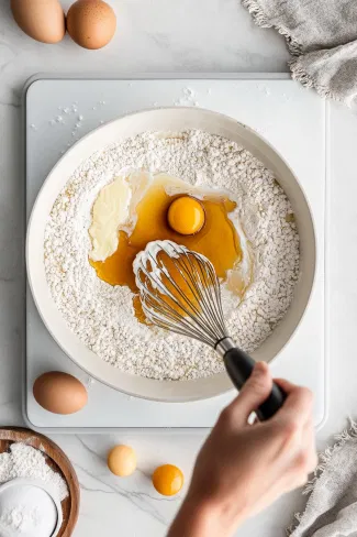 Melted butter, egg, milk, and golden syrup are whisked into the dry ingredients in a mixing bowl on the white marble cooktop, creating a smooth, golden pudding batter.