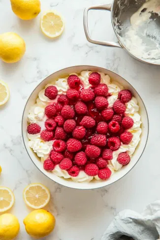 Fresh raspberries are scattered across the lemon sponge fingers in the trifle dish. Nearby, a pot on the white marble cooktop holds quick-setting gelatine-free jelly, being prepared according to instructions, ready to be poured over the raspberries.