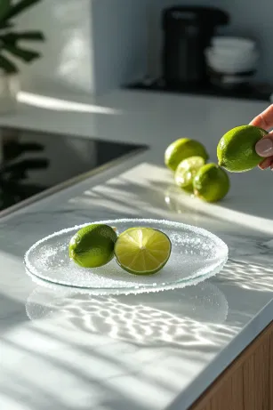 A glass on the white marble cooktop is dipped in lime juice, then pressed into a small plate of granulated sugar to coat the rim, creating a frosted effect. The prepared glass is set aside.