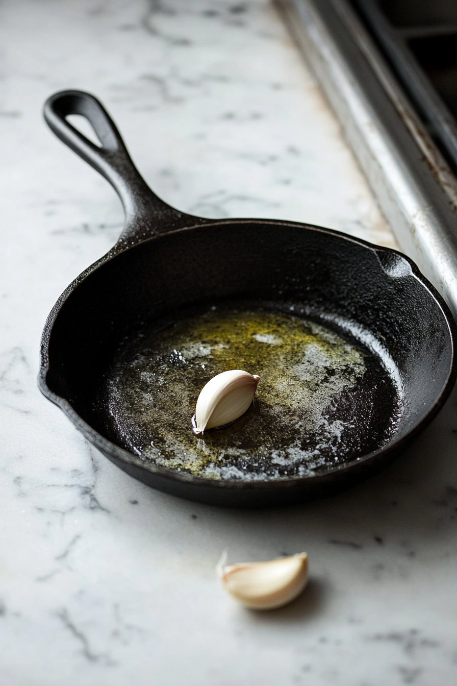 A cast iron skillet coated with olive oil resting on a white marble cooktop, with a garlic clove being rubbed along the interior to season it