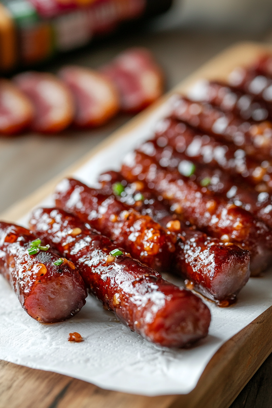 A close-up of ‘lil smokies cocktail links being patted dry with a crisp white paper towel. In the background, a clean cutting board holds a package of maple-flavored bacon waiting to be sliced.