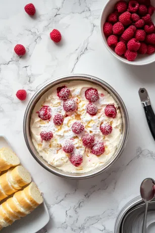 In a 23 cm springform cake tin on the white marble cooktop, Swiss roll slices are carefully arranged along the edge and across the base. A mixture of raspberries, sherry, and icing sugar is spooned over the Swiss roll base, and the tin is placed in the fridge to chill as the filling is prepared.