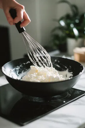 A black mixing bowl on the white marble cooktop with egg whites being whisked with cream of tartar to a frothy consistency. Gradually added sugar helps form stiff peaks.