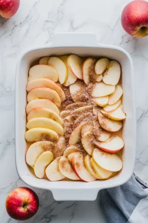 Sliced apples are being evenly placed into a 9x13-inch baking dish on the white marble cooktop. A sugar-cinnamon mixture is being sprinkled on top.