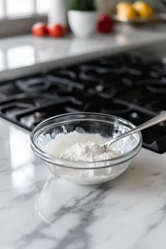 A small glass bowl on the white marble cooktop with buttermilk and baking soda being stirred together until fully combined.