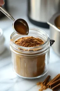 A large bottle or container sits on a white marble cooktop with a funnel inserted into its neck. Ground cinnamon is being poured through the funnel, getting ready to infuse the Coquito with a warm, aromatic spice.