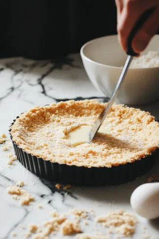 A white marble cooktop with a bowl of biscuit crumbs mixed with melted butter, a tart tin being pressed with the crumb mixture, and a spatula smoothing the base evenly.