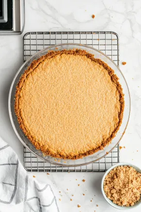 A golden graham cracker crust cooling on a wire rack over a white marble cooktop, with a bowl of crushed graham crackers nearby.