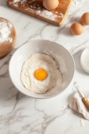 A mixing bowl on a white marble cooktop with dough ingredients—flour, sugar, egg, and yeast—being combined, forming a smooth mixture.