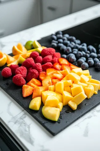 Fresh fruit is being washed and chopped into small pieces on a black cutting board placed on a white marble cooktop, ready to top the pavlova.