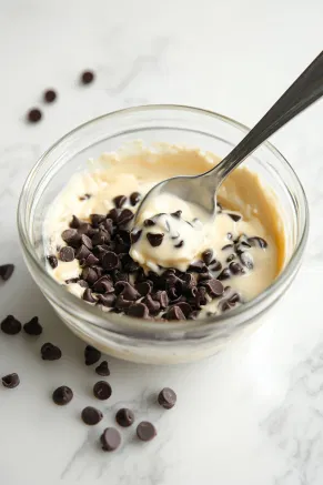 A small glass bowl on a white marble cooktop containing cream and chocolate chips, with a spoon stirring the mixture into a glossy chocolate ganache.