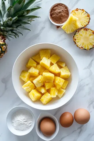 All ingredients for pineapple crisp neatly arranged on a white marble cooktop, including a bowl of drained crushed pineapple, a cup of flour, brown sugar, melted butter, an egg, cinnamon, and baking powder.