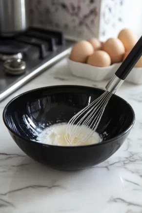 A black heatproof mixing bowl over simmering water on the white marble cooktop, where white caster sugar, liquid glucose, and egg whites are gently heated as a whisk dissolves the sugar.