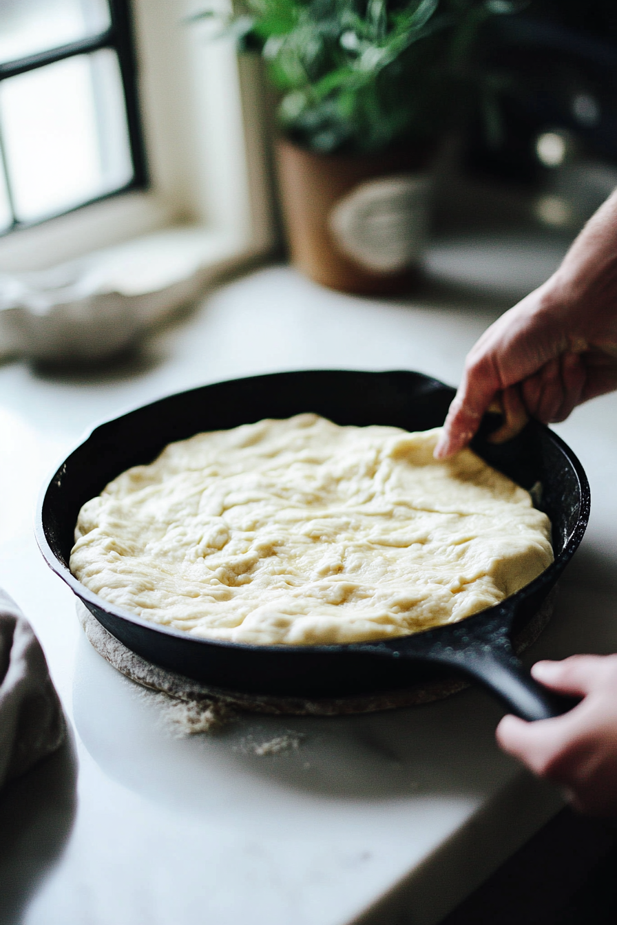 Pizza dough being pressed into a cast iron skillet on a white marble cooktop, stretched up the sides about 1 to 1.5 inches to form the deep-dish base.