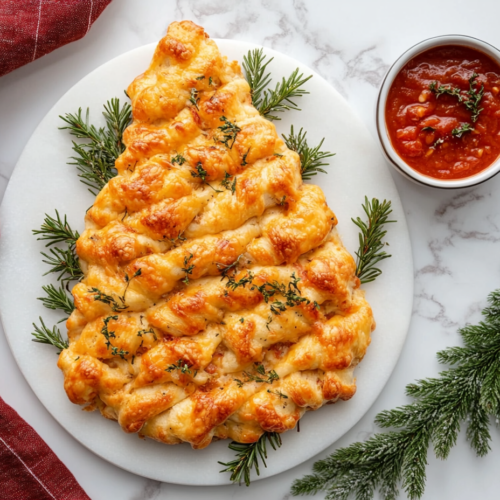 A golden Christmas tree-shaped pull-apart bread on a serving platter on the white marble cooktop. A warm bowl of marinara sauce sits nearby for dipping, completing the festive presentation