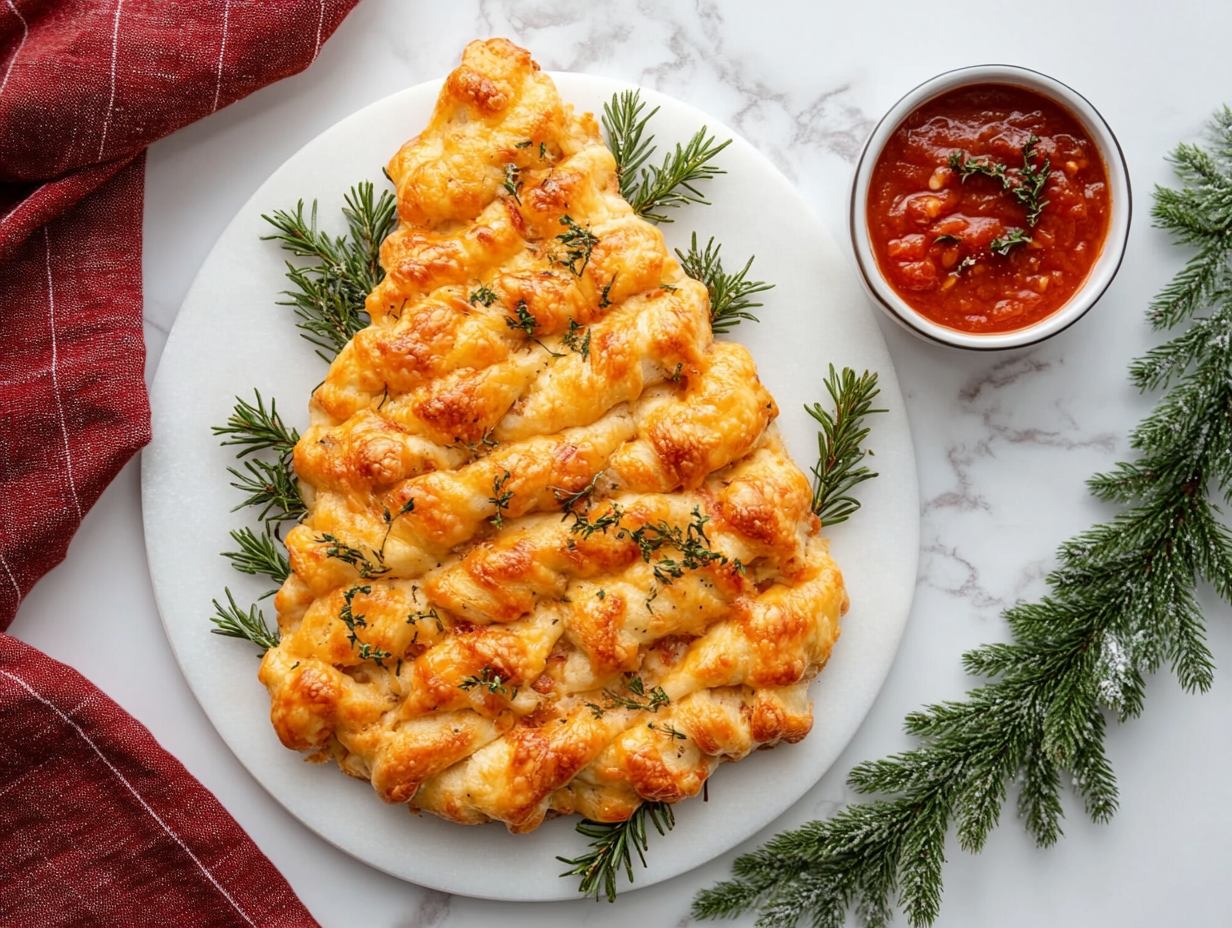 A golden Christmas tree-shaped pull-apart bread on a serving platter on the white marble cooktop. A warm bowl of marinara sauce sits nearby for dipping, completing the festive presentation