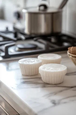 The filled molds rest on the white marble cooktop before being moved to the refrigerator, chilling for at least 8 hours or overnight to set properly.