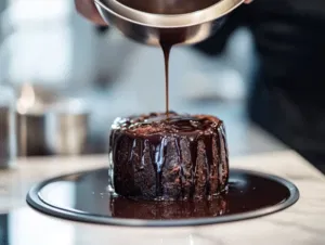 The pudding is re-steamed for 1 hour on Christmas Day to warm through. Slices of the pudding are served on the white marble cooktop with an optional drizzle of brandy sauce, ready to be enjoyed as a festive holiday treat.