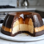 The chocoflan being carefully removed from the bundt pan on the white marble cooktop, revealing its beautiful layered presentation. A slice shows the rich caramel, creamy flan, and chocolate cake layers, ready to be enjoyed.