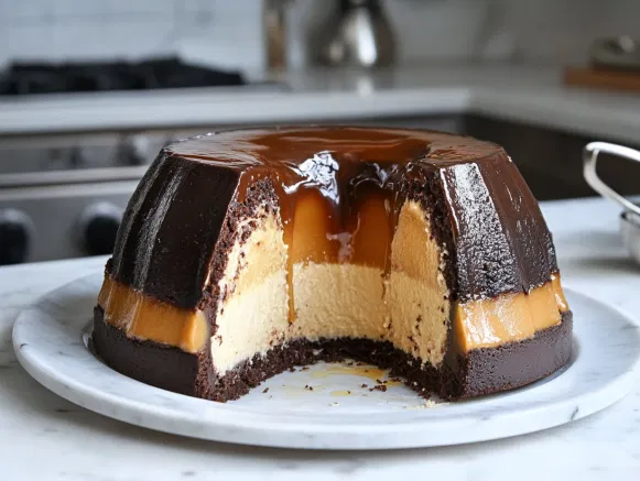 The chocoflan being carefully removed from the bundt pan on the white marble cooktop, revealing its beautiful layered presentation. A slice shows the rich caramel, creamy flan, and chocolate cake layers, ready to be enjoyed.