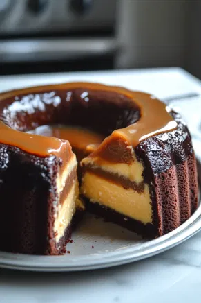 The chocoflan being carefully removed from the bundt pan on the white marble cooktop, revealing its beautiful layered presentation. A slice shows the rich caramel, creamy flan, and chocolate cake layers, ready to be enjoyed.