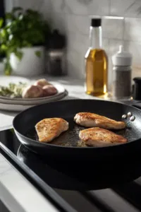 The large black skillet on the white marble cooktop shows the golden-brown chicken breasts being carefully lifted out and set aside on a plate nearby, leaving flavorful browned bits and oil in the skillet as a base for the next step.