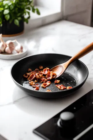 Crispy bacon pieces are being removed from the skillet with a slotted spoon and set aside, leaving drippings behind in the skillet on the white marble cooktop.