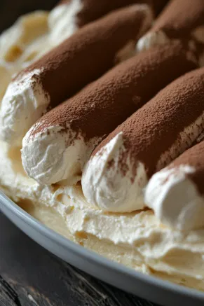 A second layer of dipped ladyfingers arranged over the first mascarpone layer in the baking dish on the white marble cooktop, followed by the remaining mascarpone mixture spread smoothly on top, ready for the final dusting of cocoa.