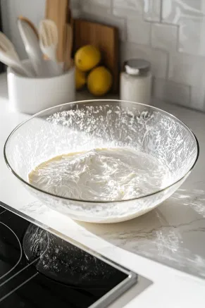 The trifle bowl on the white marble cooktop shows the layering process repeated twice more, with each layer containing pound cake, raspberry juice, the creamy cheese mixture, cocoa powder, and fresh raspberries. The layers create a beautifully tiered dessert.