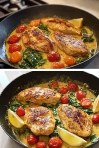 The finished Creamy Tuscan Chicken is presented in a large black skillet on the white marble cooktop. Golden-brown chicken breasts are generously coated in creamy sauce, with vibrant cherry tomatoes and wilted spinach throughout. Grated parmesan melts into the sauce, and lemon wedges rest on the side for garnish, completing this hearty, flavorful dish.