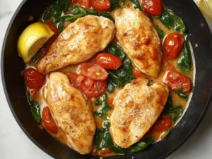 The finished Creamy Tuscan Chicken is presented in a large black skillet on the white marble cooktop. Golden-brown chicken breasts are generously coated in creamy sauce, with vibrant cherry tomatoes and wilted spinach throughout. Grated parmesan melts into the sauce, and lemon wedges rest on the side for garnish, completing this hearty, flavorful dish.