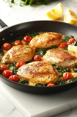 The finished Creamy Tuscan Chicken is presented in a large black skillet on the white marble cooktop. Golden-brown chicken breasts are generously coated in creamy sauce, with vibrant cherry tomatoes and wilted spinach throughout. Grated parmesan melts into the sauce, and lemon wedges rest on the side for garnish, completing this hearty, flavorful dish.