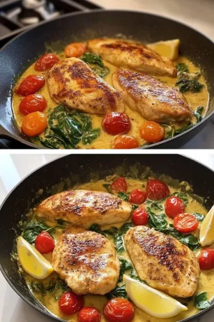 The finished Creamy Tuscan Chicken is presented in a large black skillet on the white marble cooktop. Golden-brown chicken breasts are generously coated in creamy sauce, with vibrant cherry tomatoes and wilted spinach throughout. Grated parmesan melts into the sauce, and lemon wedges rest on the side for garnish, completing this hearty, flavorful dish.