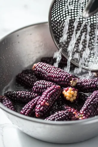 Dried Peruvian purple corn being rinsed under running water in a colander on the white marble countertop, ensuring it is clean and ready for cooking.