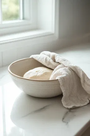 A greased bowl covered with a damp towel resting on a white marble counter, showing dough inside beginning to rise.