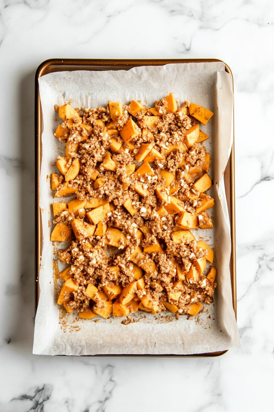 A parchment-lined baking sheet on a white marble cooktop, now with the sweet potato and apple mixture spread evenly. The mix is glistening with maple syrup and cinnamon, ready for the second roast.