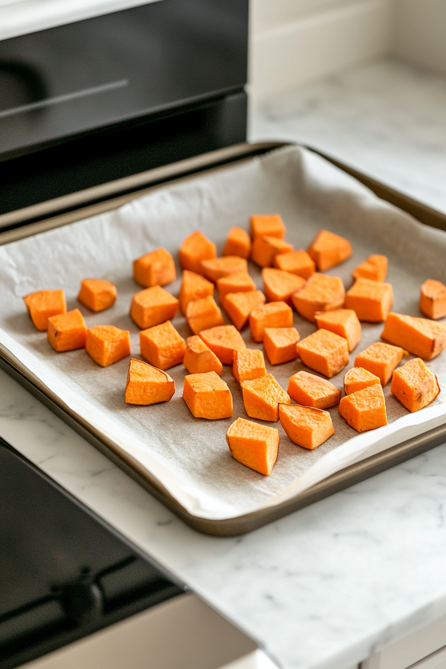 A parchment-lined baking sheet on a white marble cooktop with sweet potato cubes spread evenly across it, ready to be placed in the oven for roasting.