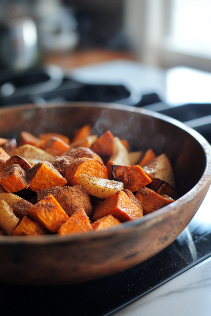 A baking sheet fresh out of the oven on a white marble cooktop, showing golden brown and crispy sweet potatoes and apples with visible steam rising from the tray.