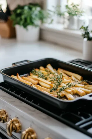 The roasting tin with parsnips is placed in the oven, viewed from the white marble cooktop. The parsnips begin to develop lightly golden edges as they roast.