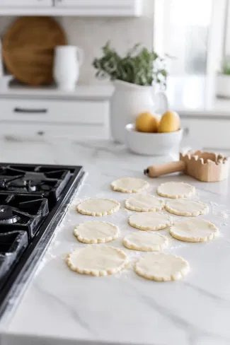 The dough is shown rolled out on a floured surface over the white marble cooktop to a thin 1/8-inch layer. A round cutter is used to cut circles for the pie crusts.