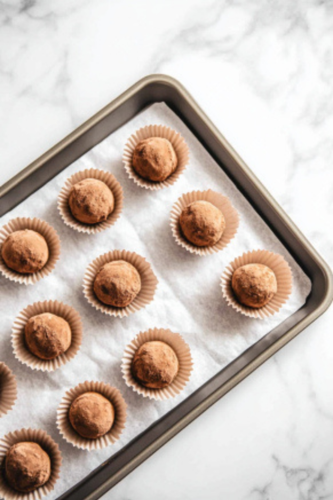 The truffles are arranged on a prepared sheet pan on the white marble cooktop, each nestled in a small paper cup. They are ready to be chilled in the refrigerator for a perfect set, ideal for serving once firm.